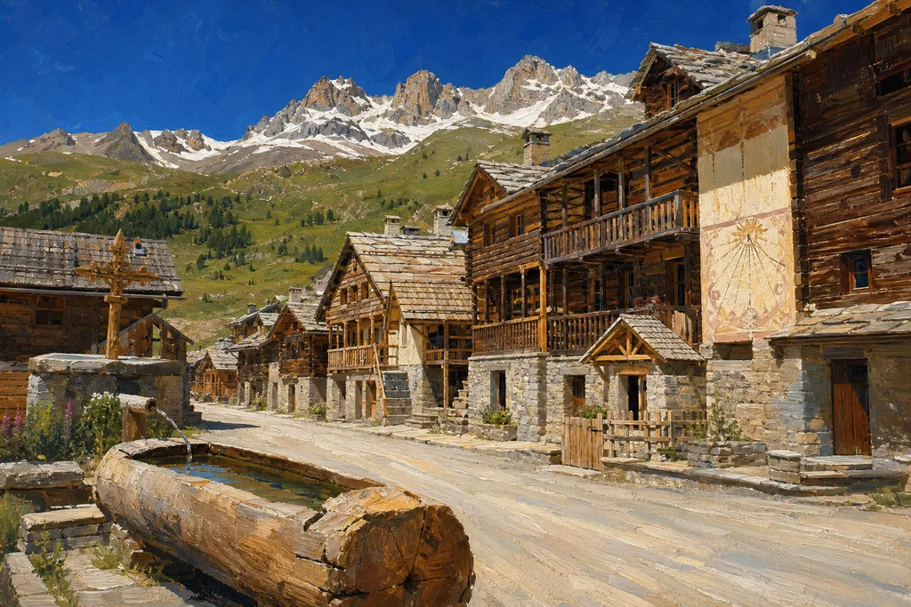 Maisons de mélèze et galeries de bois de Saint-Véran, fontaine en tronc, montagnes en arrière-plan