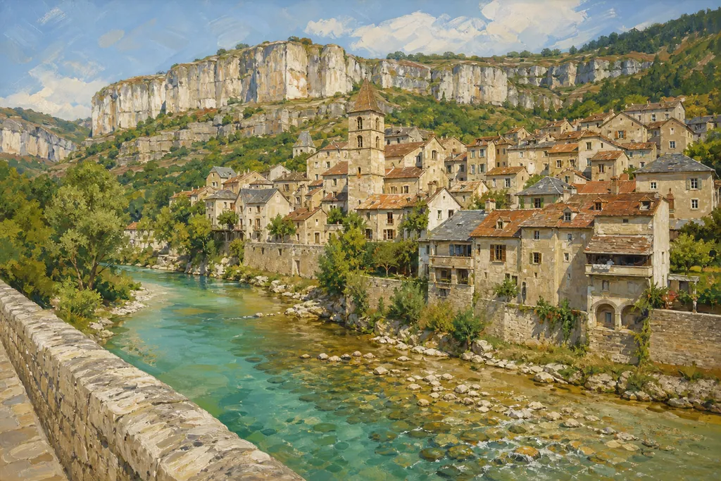 Le village de Sainte-Enimie étagé au-dessus du Tarn turquoise, sous les falaises des gorges