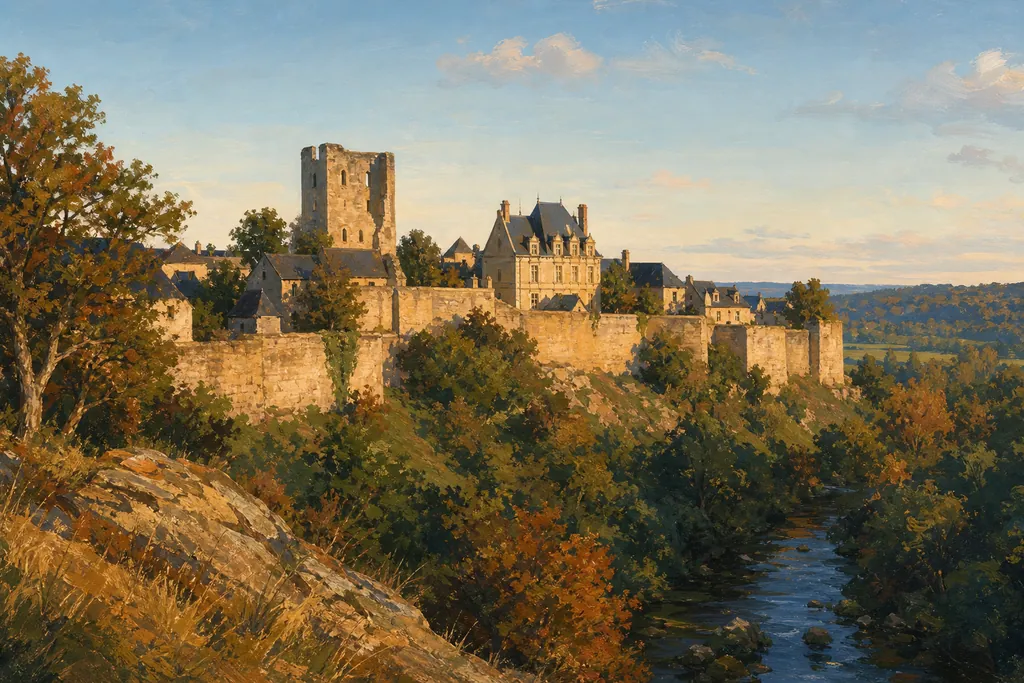 Cité fortifiée de Sainte-Suzanne et son donjon dominant la vallée boisée de l'Erve