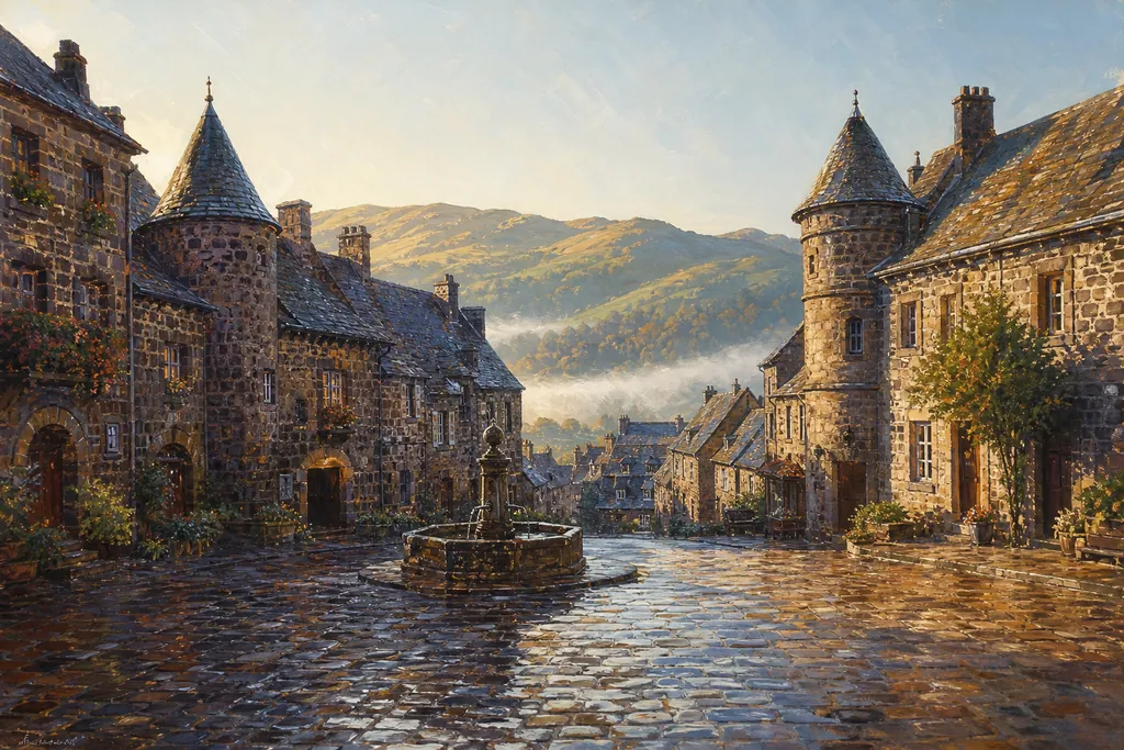 Grande-Place de Salers avec ses maisons de lave sombre à tourelles et toits de lauze au matin