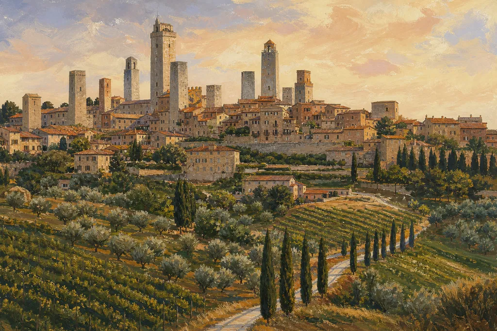 Les tours médiévales de San Gimignano dominant les vignes du Val d'Elsa au coucher du soleil