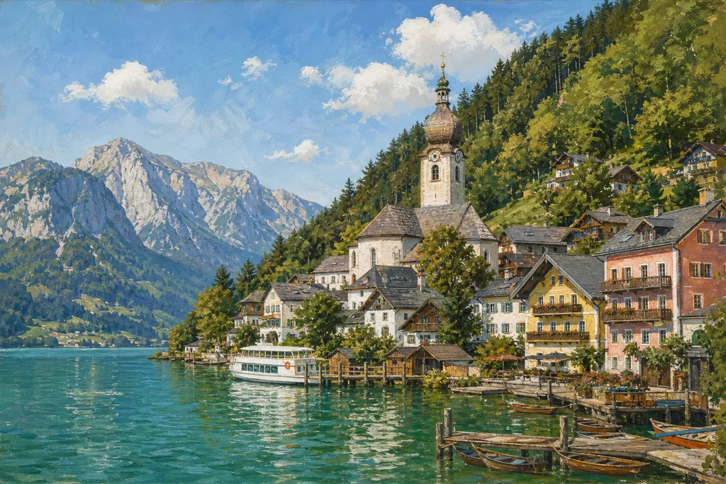 Sankt Gilgen et son clocher à bulbe au bord du Wolfgangsee, barques au quai et montagnes en été