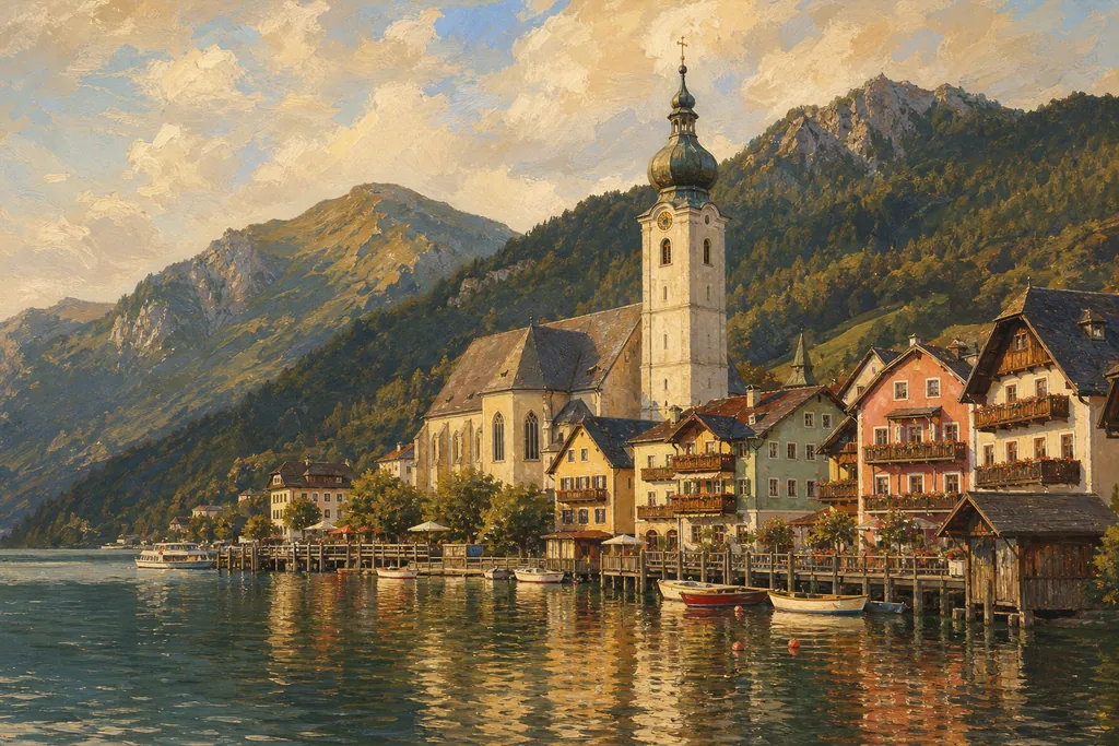 Sankt Wolfgang et son église au bord du Wolfgangsee, sous le Schafberg, dans la lumière du soir