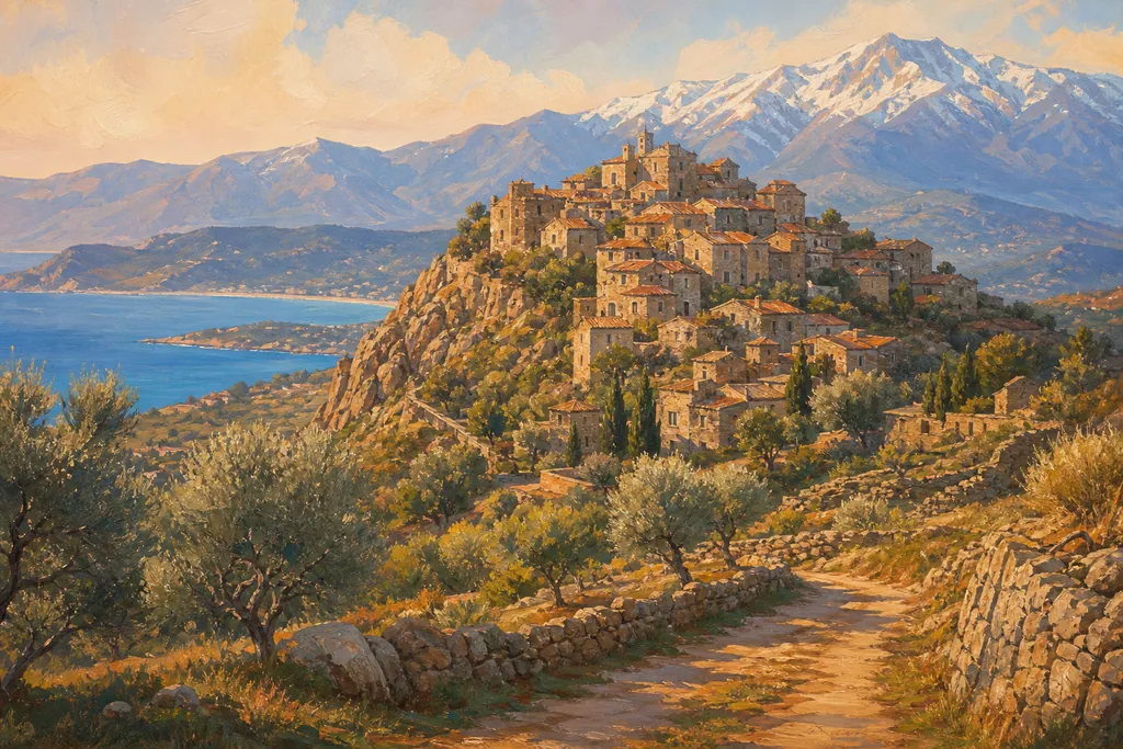 Le village de Sant'Antonino enroulé autour de son rocher de granit, au-dessus des oliviers et de la mer.