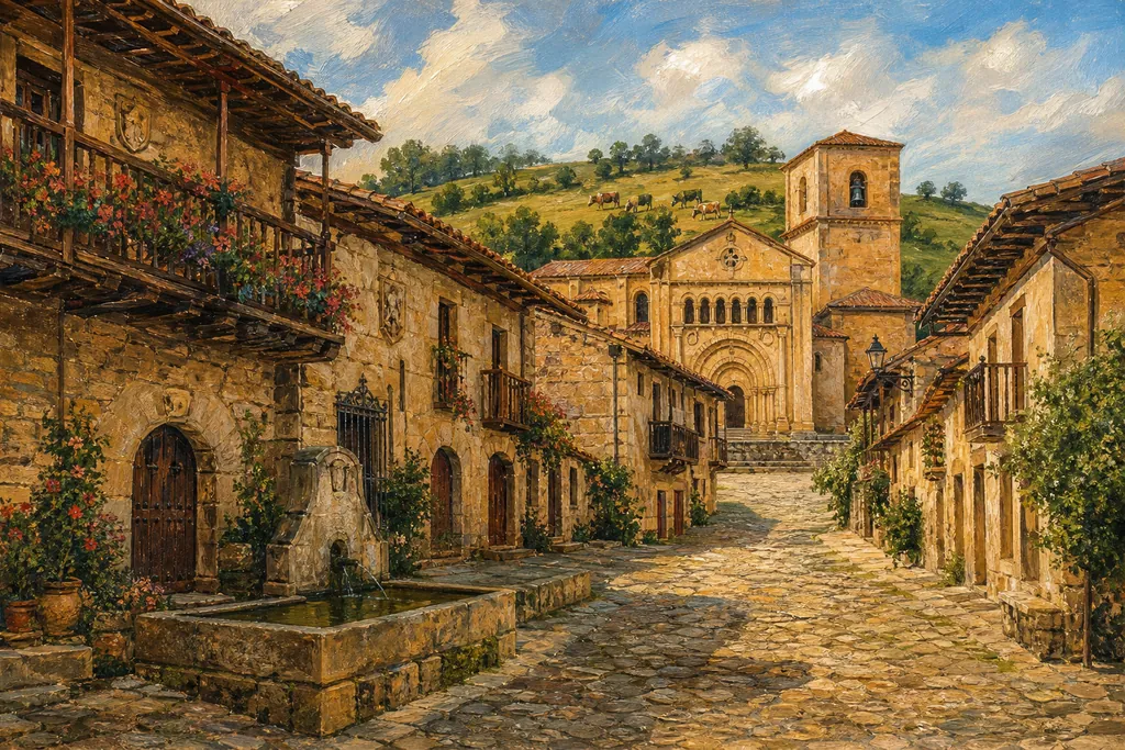 Rue pavée de Santillana del Mar menant à la collégiale romane, entre palais de pierre blonde