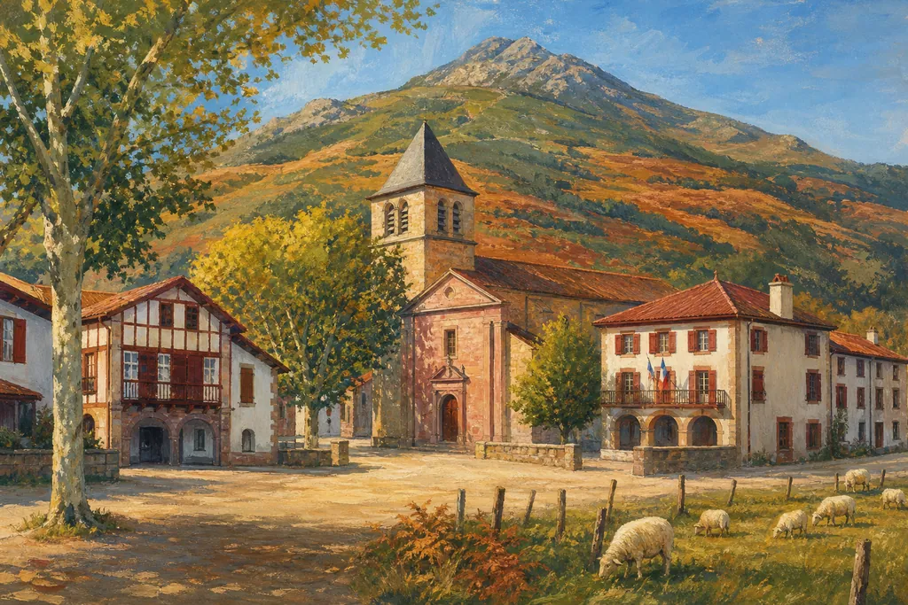 Place de Sare avec l'église, le fronton et la Rhune en arrière-plan