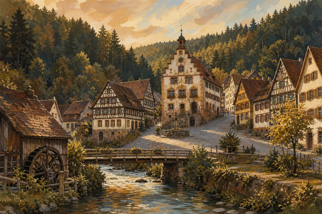 Place du Marché en pente de Schiltach, bordée de maisons à colombages, avec la vallée boisée de la Kinzig