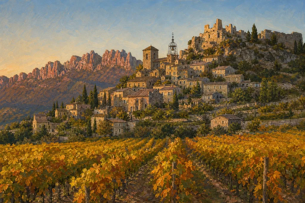 Séguret à flanc de colline au-dessus des vignes, Dentelles de Montmirail en arrière-plan au soir