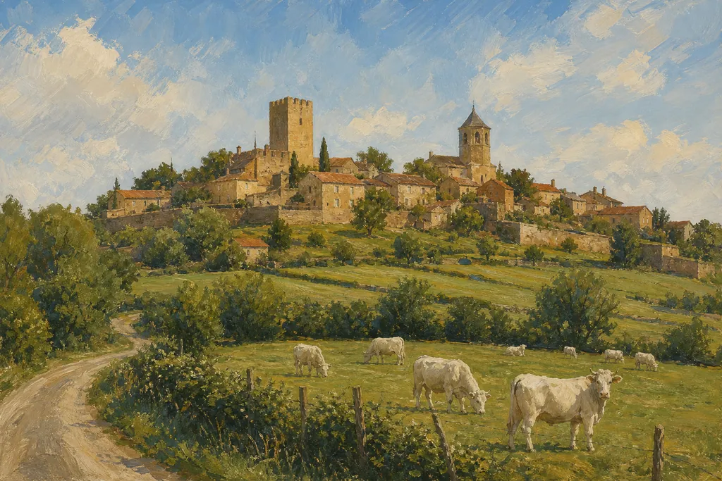 Semur-en-Brionnais sur sa butte, avec le donjon et la collégiale au-dessus du bocage charolais.