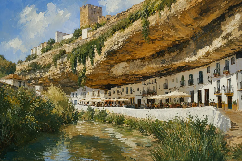 Maisons blanches de Setenil de las Bodegas construites sous le surplomb de la falaise, le long de la rivière