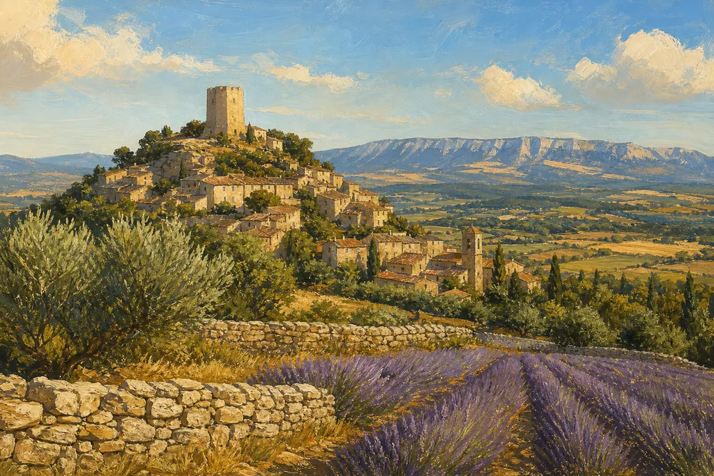 Simiane-la-Rotonde et sa tour au sommet d'une colline, champs de lavande en fleurs au premier plan