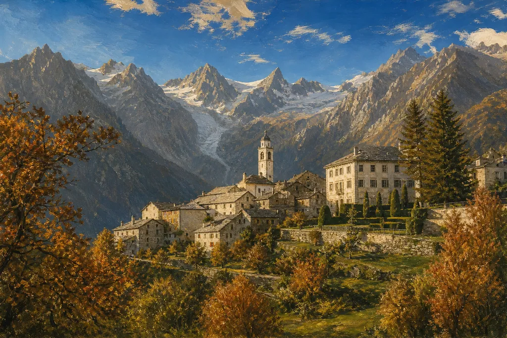 Clocher blanc et toits de lauze de Soglio devant les aiguilles de granit de la Bondasca