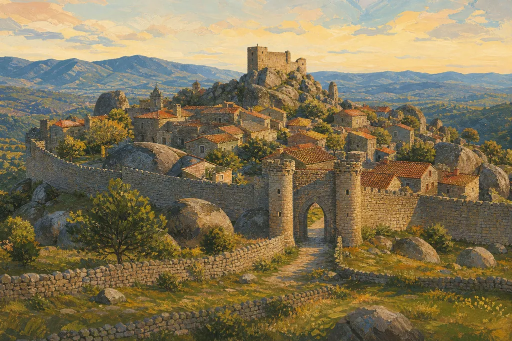 Remparts de granit et château de Sortelha au-dessus des maisons de pierre, dans la lumière du soir