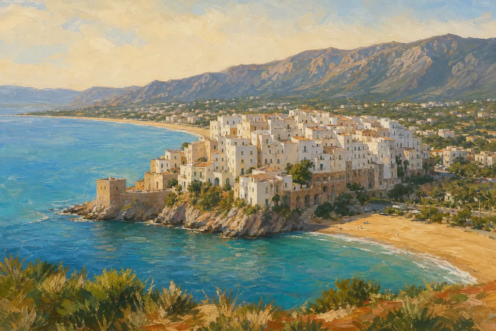 Le village blanc de Sperlonga sur son promontoire, entre deux plages de sable, avec la tour Truglia au bord de l'eau