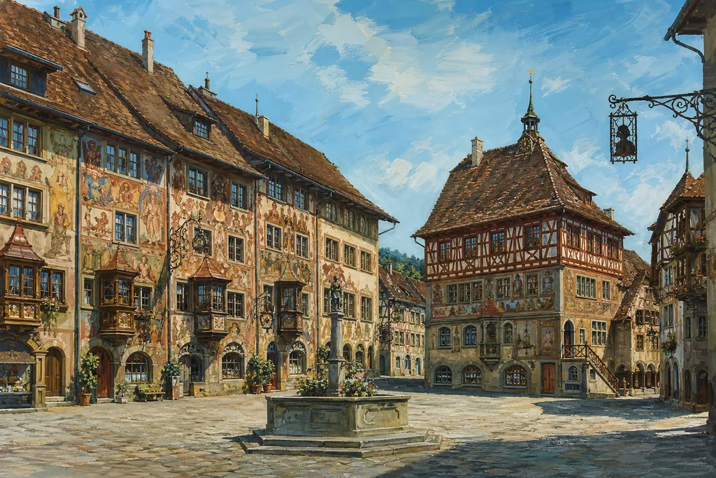 Façades peintes et oriels sculptés du Rathausplatz de Stein am Rhein, un matin d'été