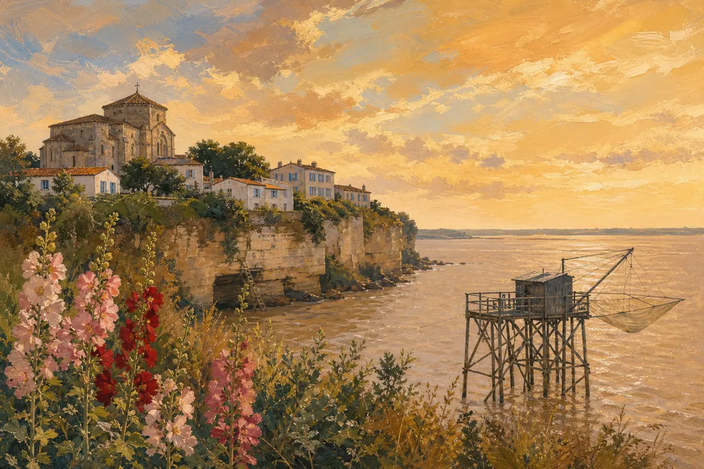 Église romane de Talmont-sur-Gironde sur sa falaise au-dessus de l'estuaire, roses trémières et carrelet