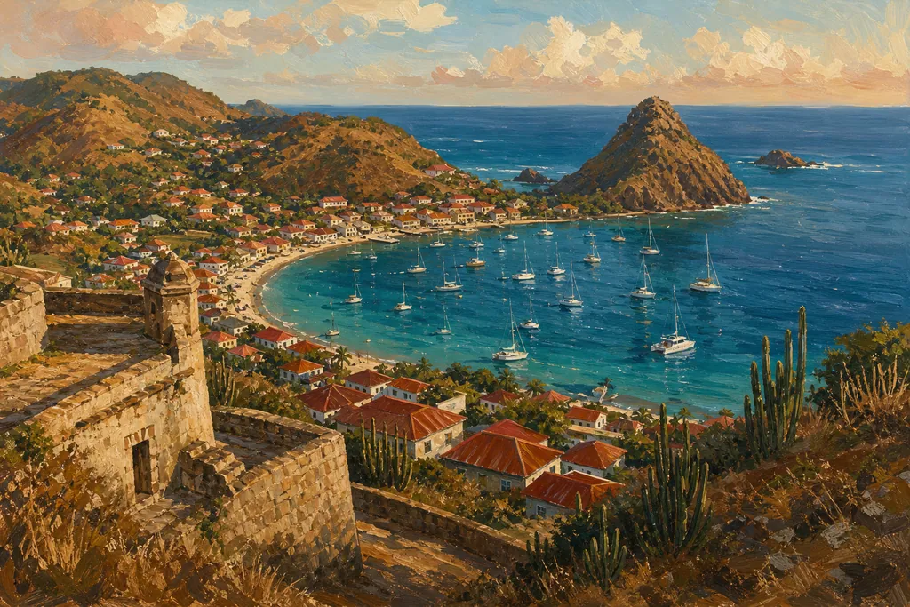 Illustration de la baie de Terre-de-Haut aux Saintes vue du fort Napoléon, cases à toits rouges et Pain de Sucre.