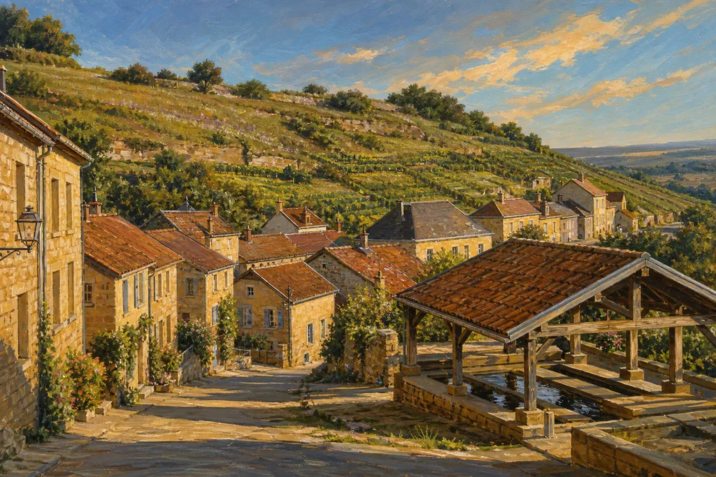 Maisons de pierre dorée et toits de tuiles de Torgny sous le soleil, vignes en terrasses au-dessus du village