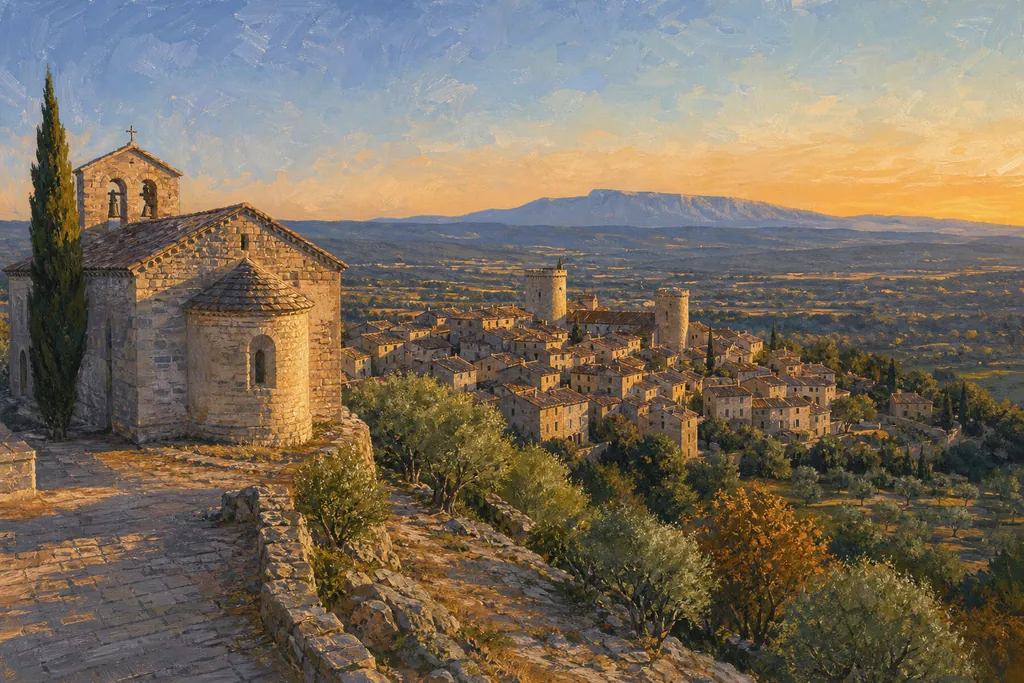 Le village perché de Tourtour et son église Saint-Denis au coucher du soleil, face aux plaines du Var.