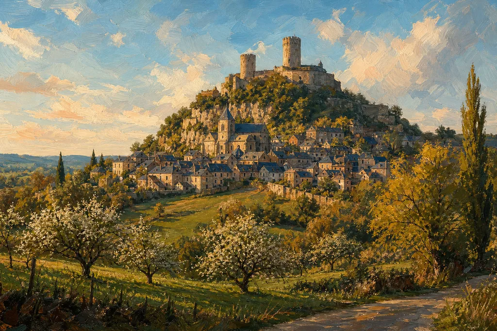 La butte de Turenne avec ses deux tours, sa collégiale et ses toits d'ardoise au-dessus des vergers