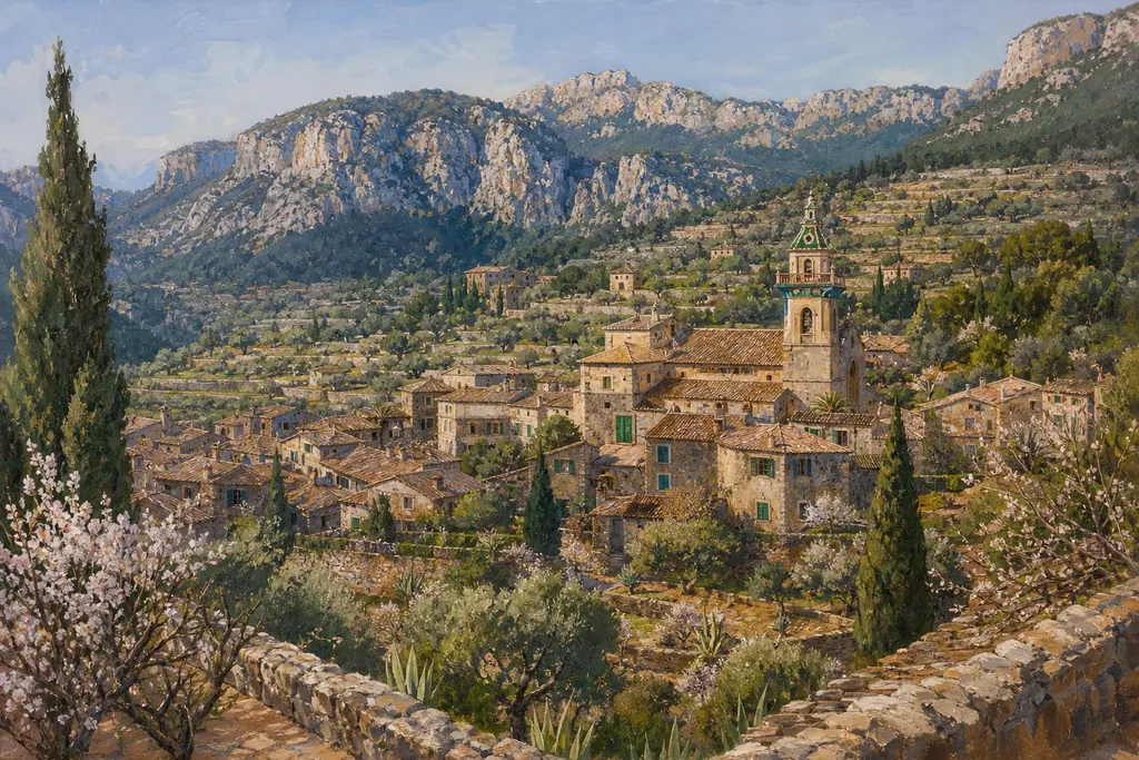 Valldemossa et le clocher de sa chartreuse sous les montagnes de la Serra de Tramuntana