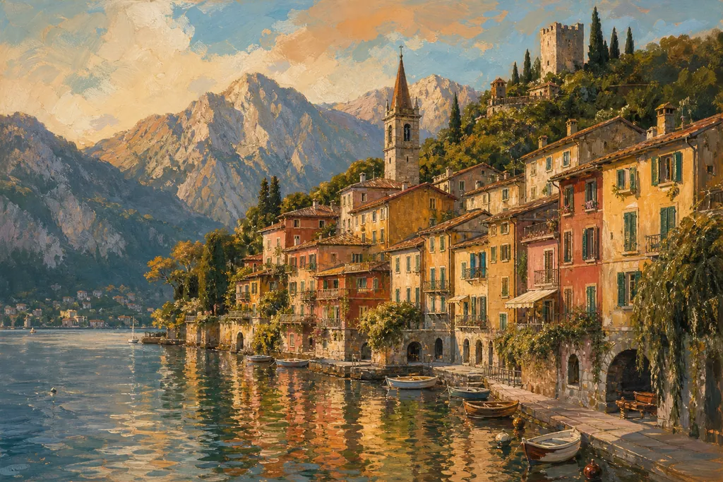 Varenna et ses maisons colorées au bord du lac de Côme, sous le château de Vezio, au soir