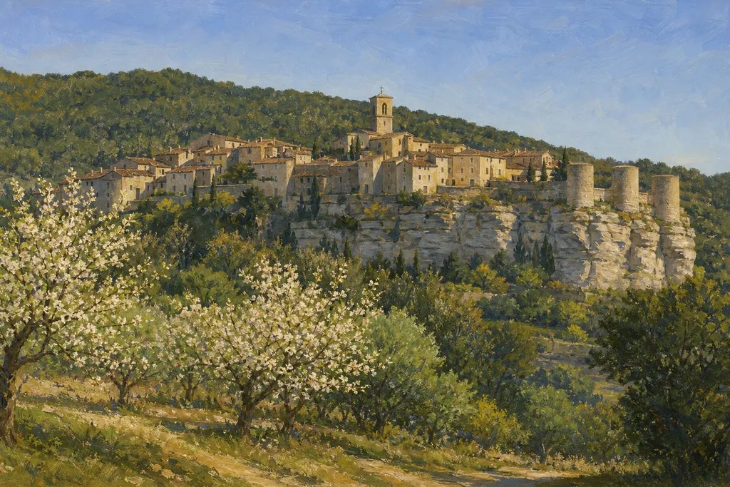 Venasque perché sur son éperon rocheux au-dessus des cerisiers en fleurs, tours de remparts visibles