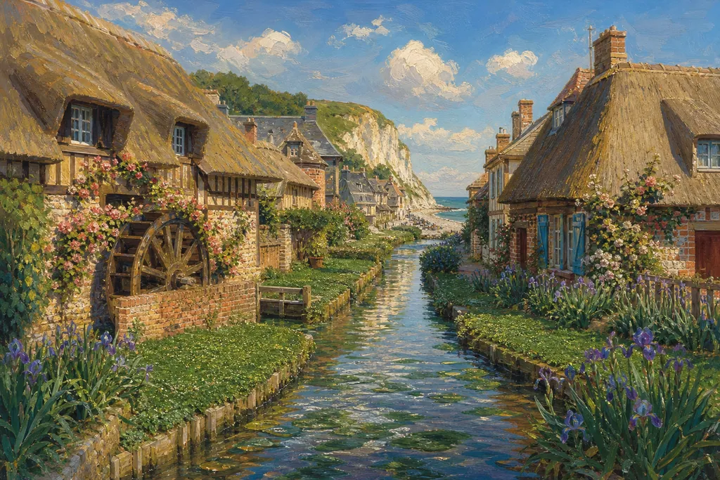 La Veule, ses cressonnières et ses chaumières fleuries à Veules-les-Roses, avec les falaises de craie au loin