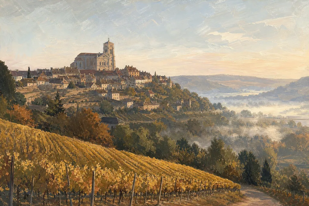 La colline de Vézelay et sa basilique romane au-dessus des vignes, dans la brume du matin.