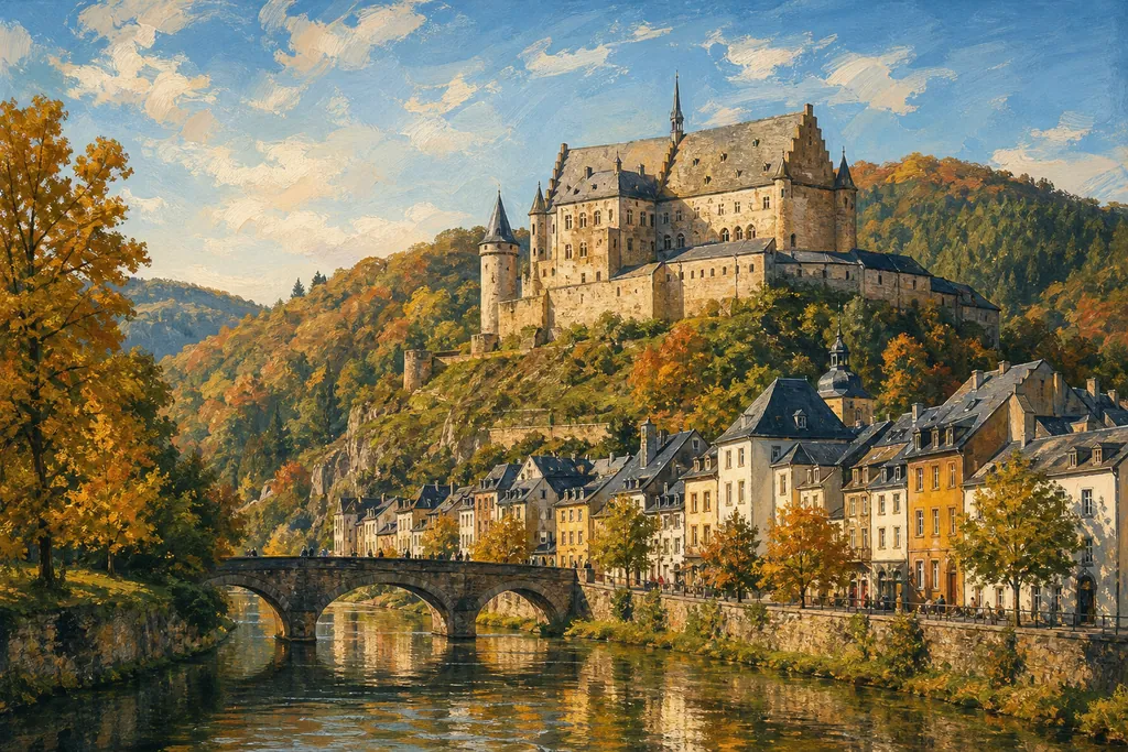 Château de Vianden sur son éperon au-dessus des toits d'ardoise de la ville et de l'Our