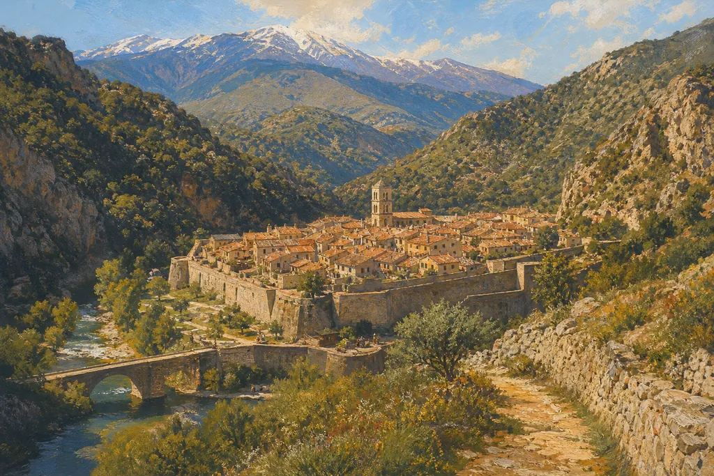 La ville close de Villefranche-de-Conflent et ses remparts de Vauban au fond de la vallée de la Têt