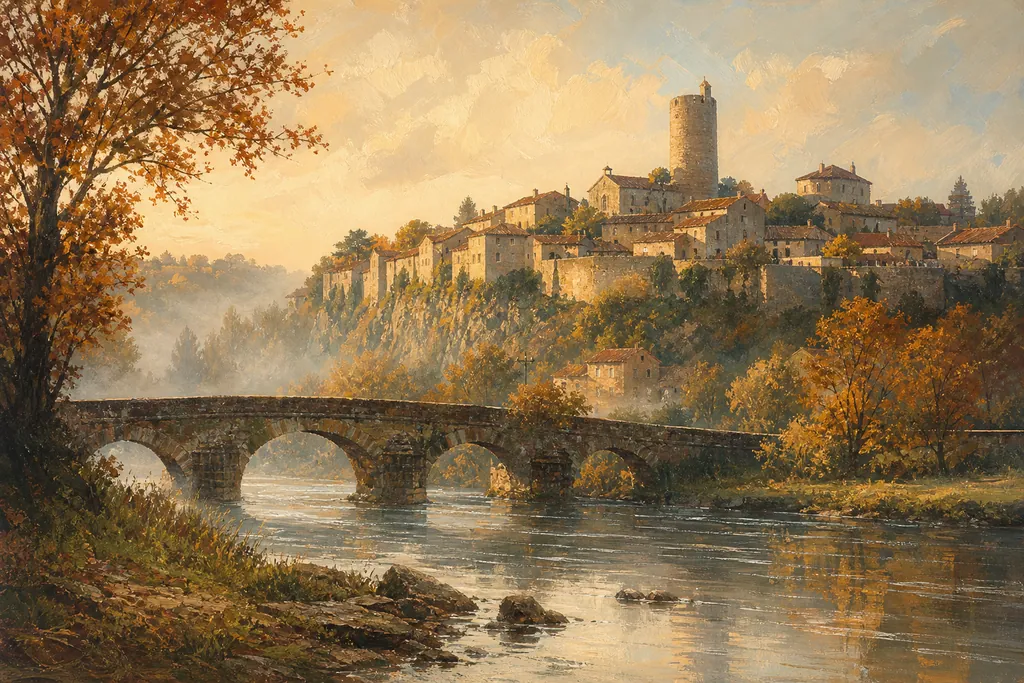 Vouvant et sa tour Mélusine au-dessus de la boucle de la Mère dans la brume matinale