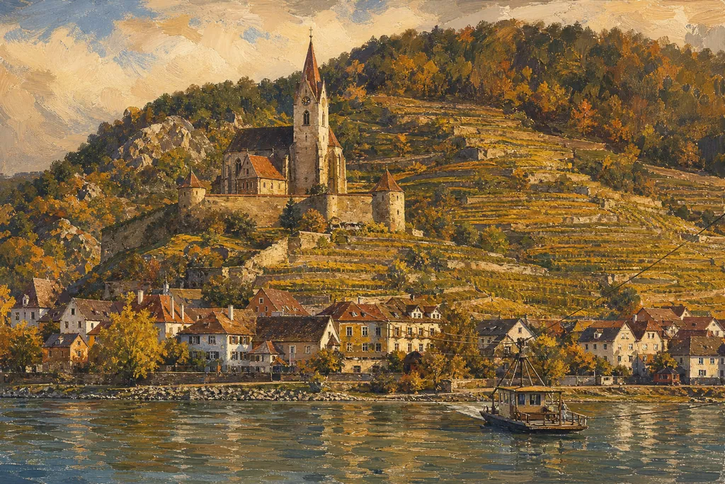 Église fortifiée de Weissenkirchen au-dessus des toits et des terrasses de vignes, au bord du Danube