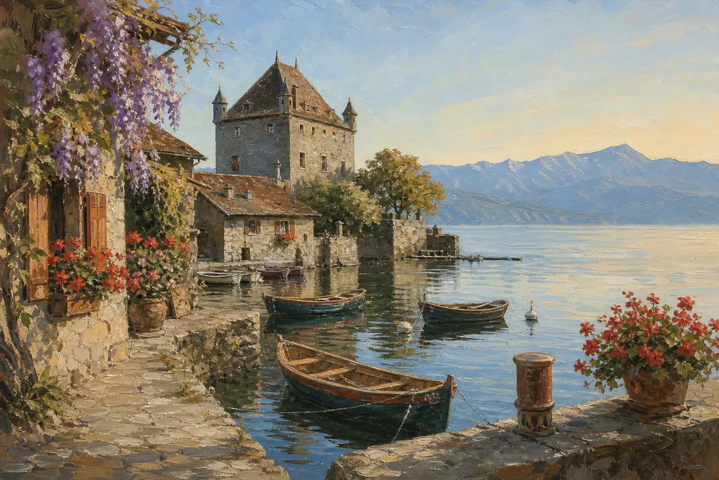 Château d'Yvoire au bord du lac Léman avec barques de pêcheurs et façades fleuries au petit matin