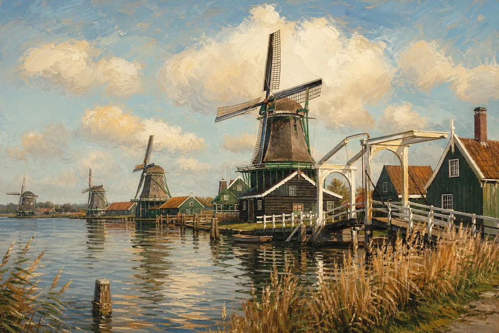 Moulins à vent de Zaanse Schans alignés au bord de la Zaan devant les maisons de bois vertes