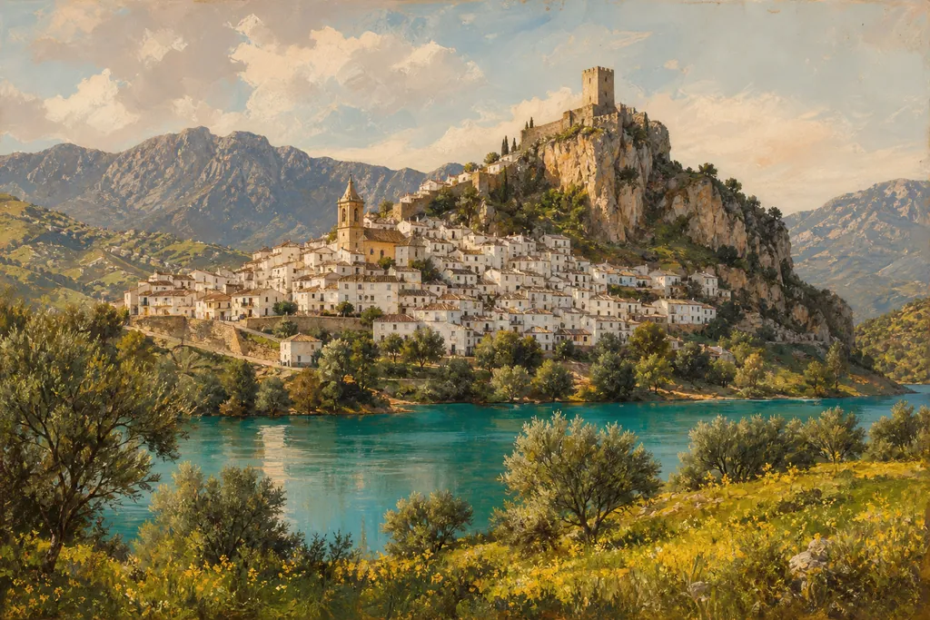 Zahara de la Sierra, ses maisons blanches sous le donjon et le lac turquoise en contrebas